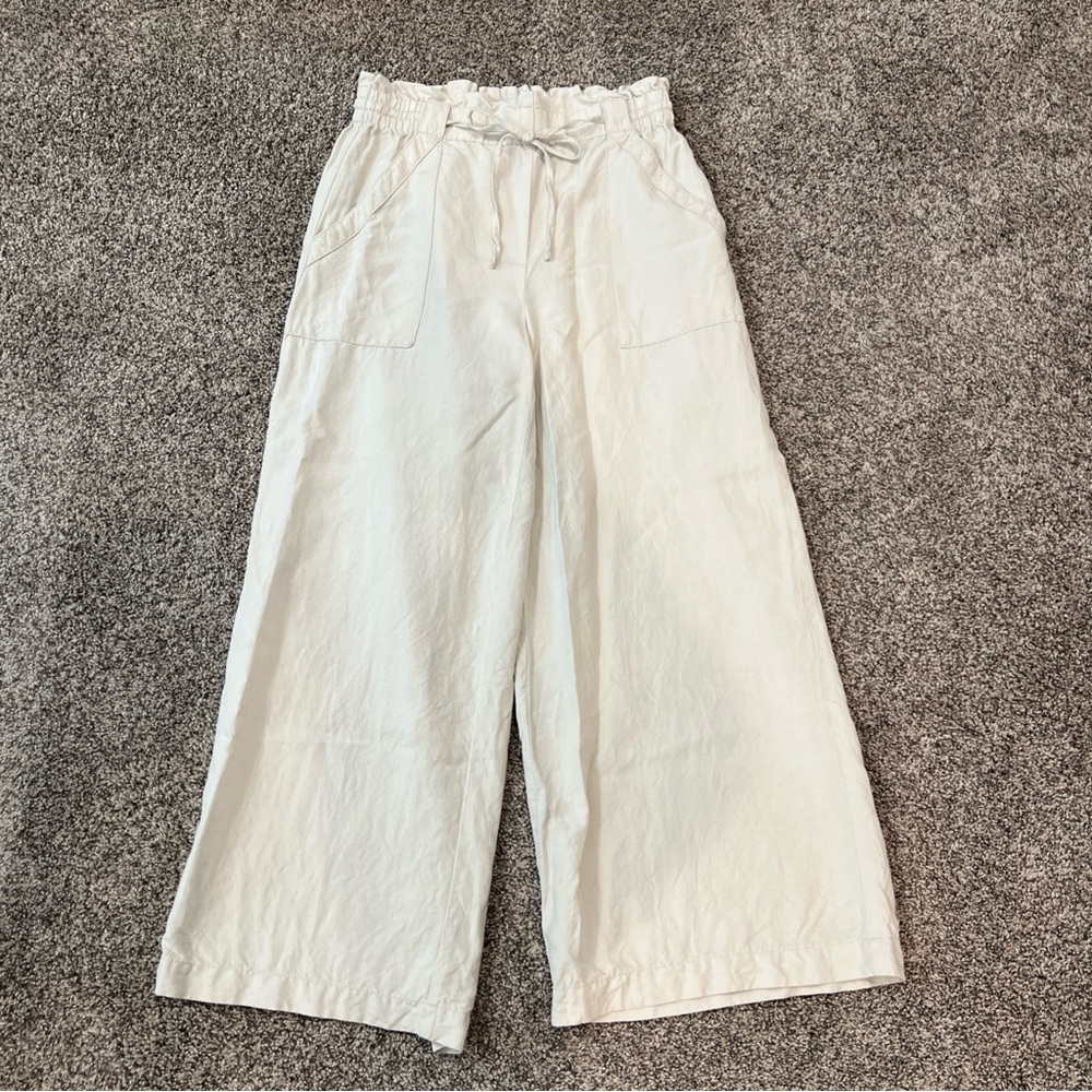Ann Taylor Loft Wide Leg Linen Pants Beige Pull On Tie Elastic Waist Size Small